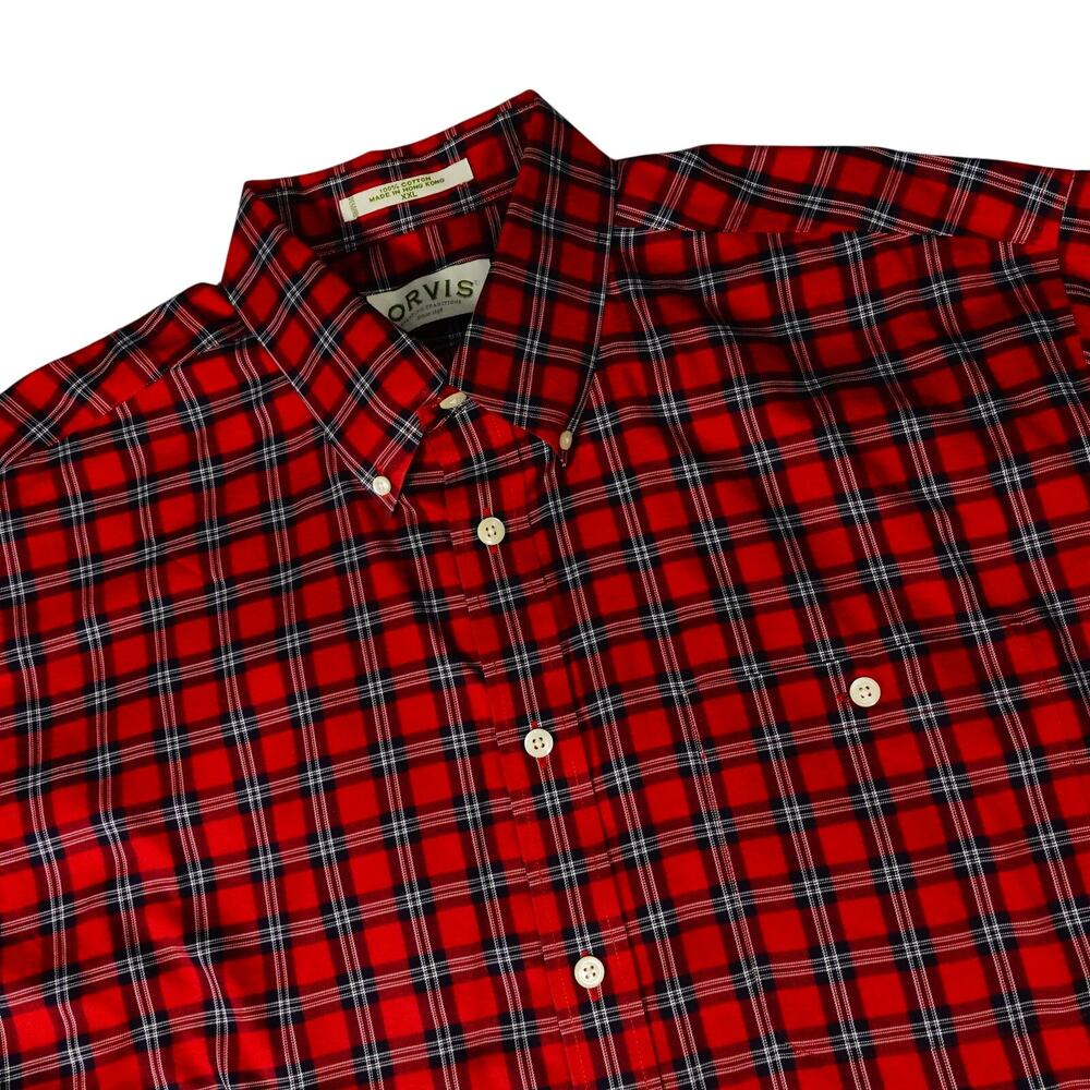 Orvis Hong Kong Red Plaid Outdoor Ranch Hunting Fishing Button Up Shirt XXL